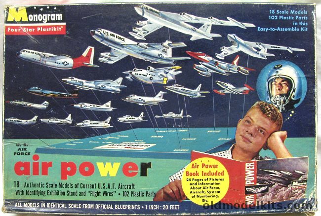 Monogram 1/240 Air Power US Air Force 18 Aircraft T-33 / F-101 / F-104 / B-57 /  F-105 / SA-16 / KC-135 / B-47 / B-52 /  F-84F / F-100 / F-89H / F-102 / F-86F / B-58 / B-66 / F-94 / C-130A, PA56-398 plastic model kit